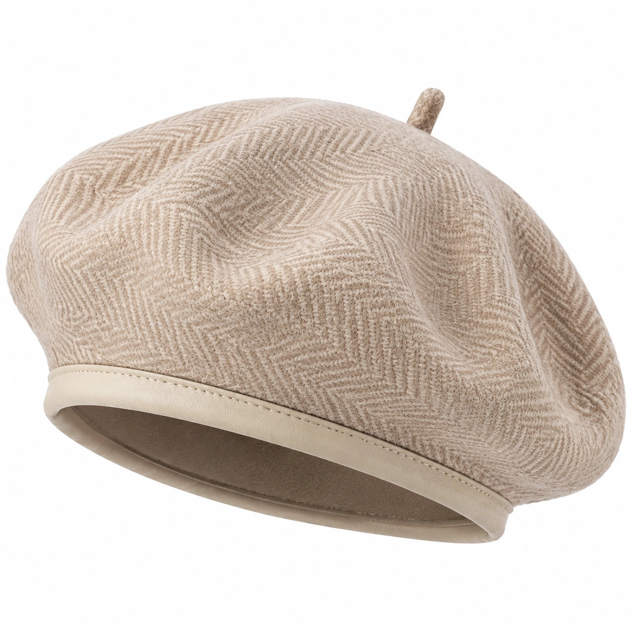Boina talla única de tejido beige con ribete efecto piel - estilo clásico