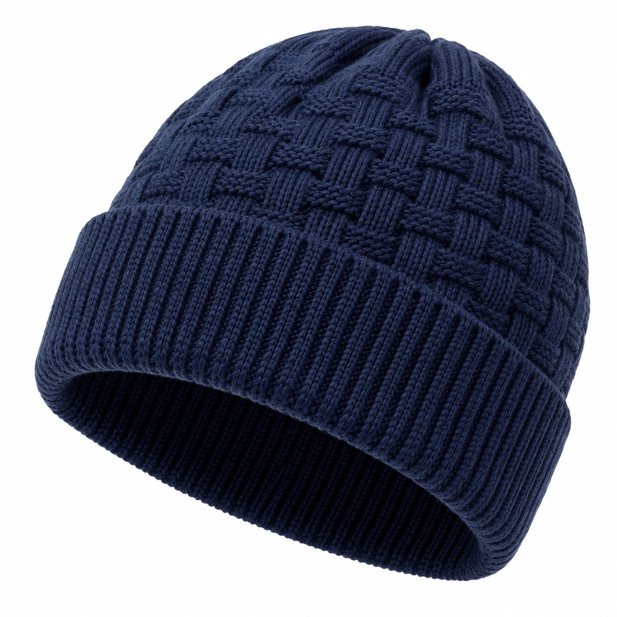 Gorro de punto talla única azul marino con vuelta estilo trenzado para invierno