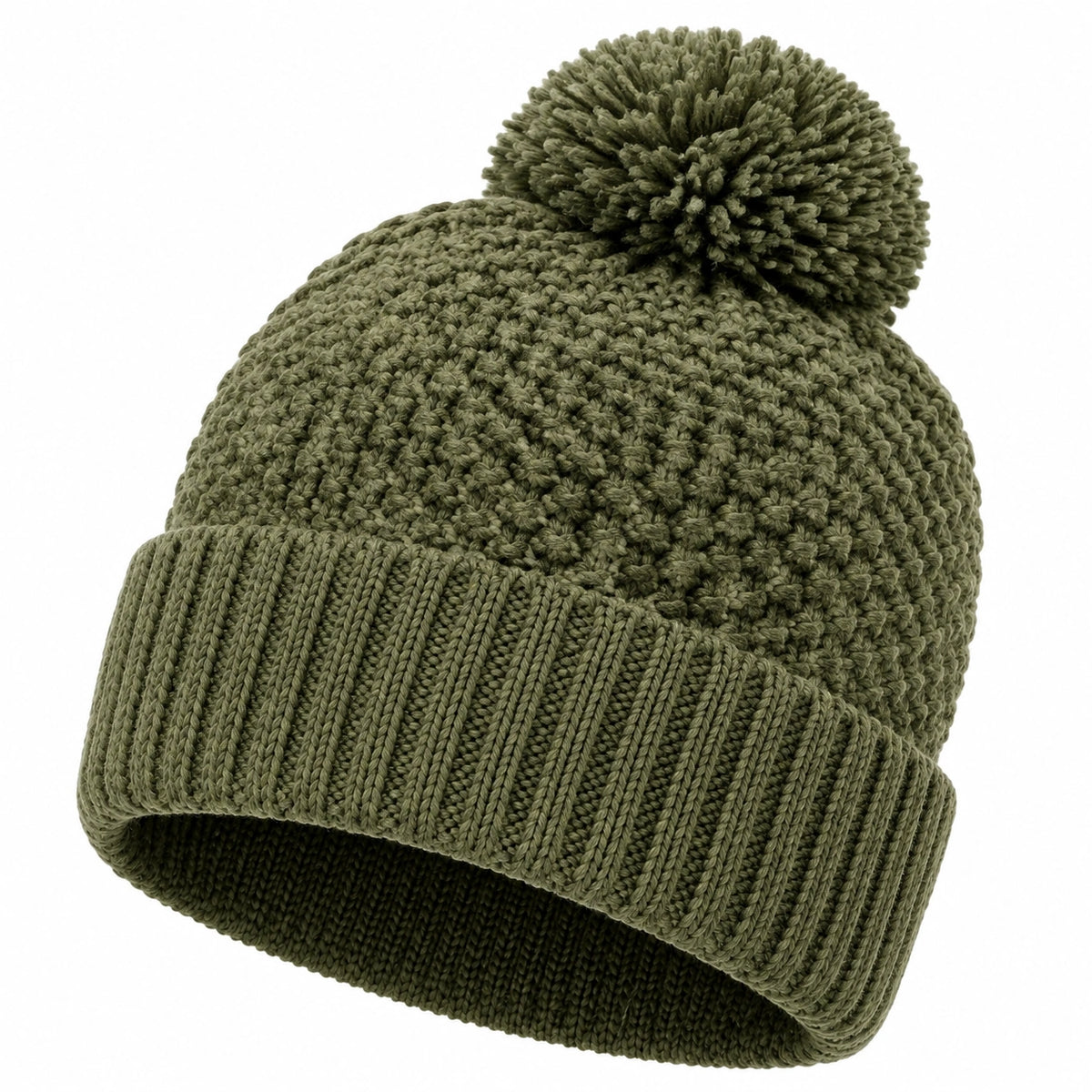 Gorro de punto talla única verde oliva con pompón para invierno