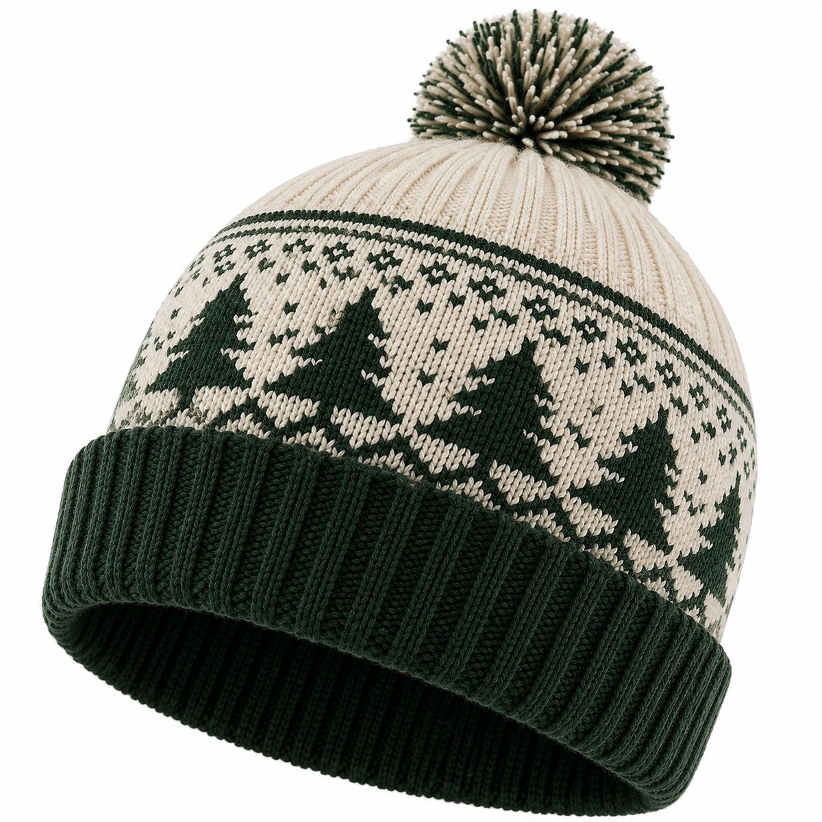 Gorro de punto talla única verde crema con pompón y diseño de abetos para invierno