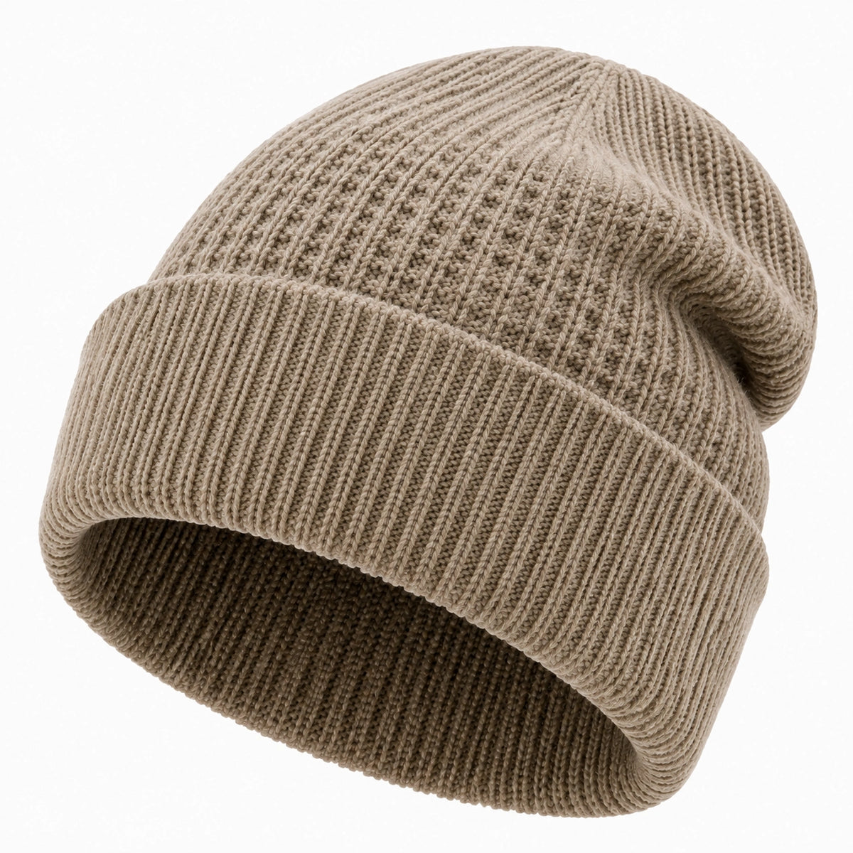 Gorro de punto talla única beige - diseño acanalado con vuelta para uso diario