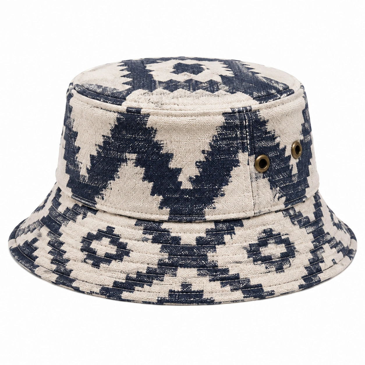 Sombrero pescador talla única de tejido beige y azul marino con estampado geométrico y ojales metálicos
