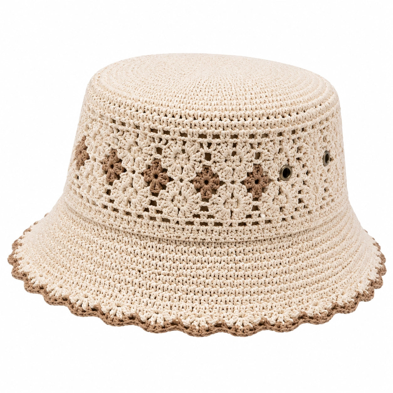 Sombrero de pescador talla única de fibra trenzada beige y marrón estilo crochet