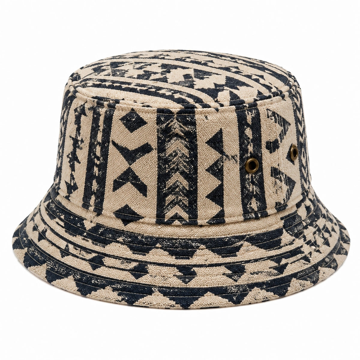 Sombrero bucket talla única de tejido beige y negro con estampado geométrico para uso diario