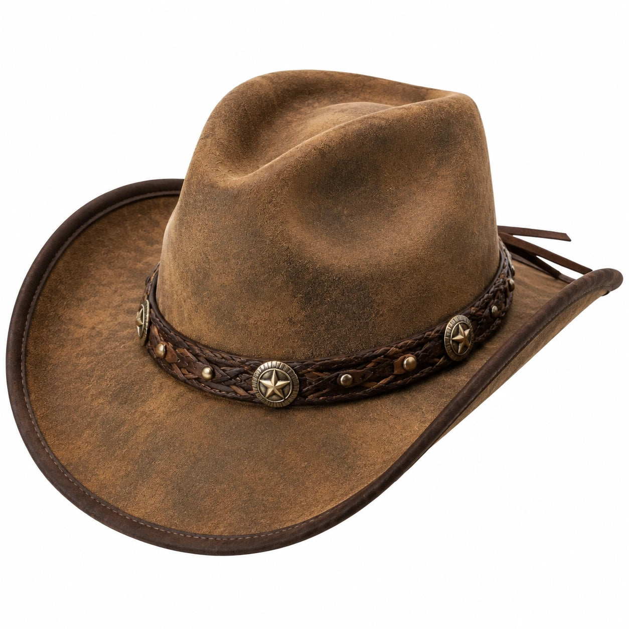 Sombrero vaquero talla única marrón de acabado envejecido con banda trenzada estilo western